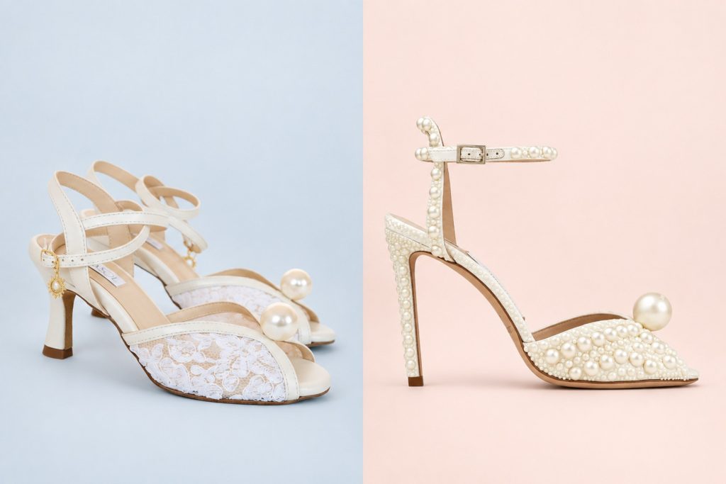 LunaSol Pearl Tango and Jimmy Choo Sacora 100 pearl wedding shoes on matching pastel backgrounds