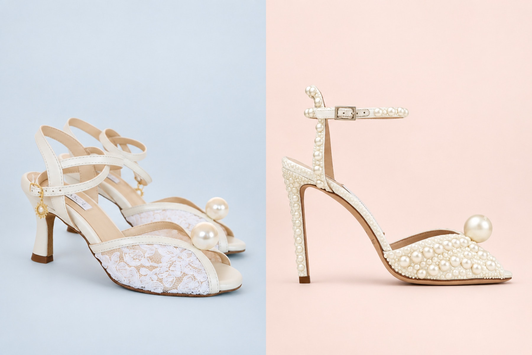 LunaSol Pearl Tango and Jimmy Choo Sacora 100 pearl wedding shoes on matching pastel backgrounds
