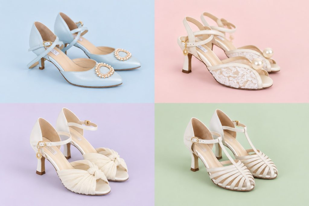 Four LunaSol wedding dance shoes arranged in a four-quadrant pastel composite
