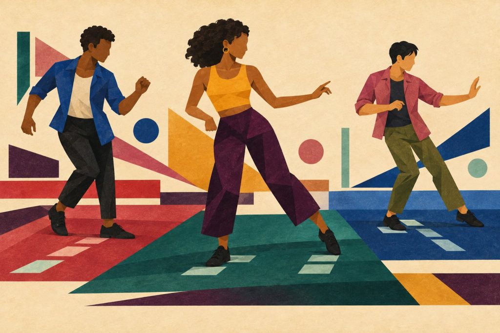 Three solo dancers marking salsa, bachata, and West Coast Swing steps