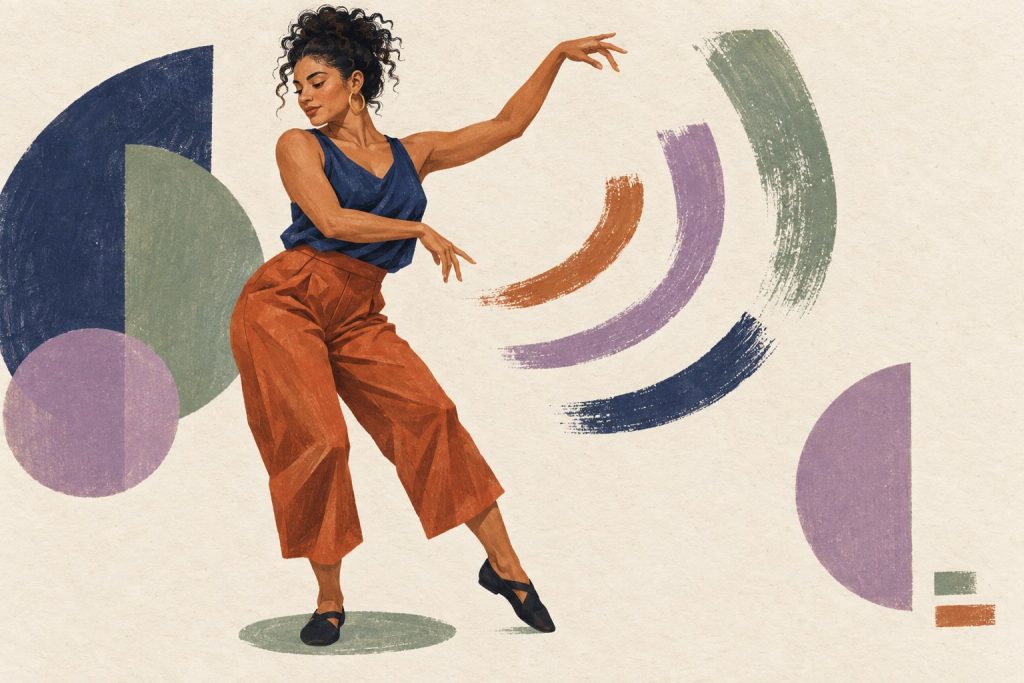 Afro-Latina salsa dancer shapes a free arm from a grounded weight change beside painted movement arcs