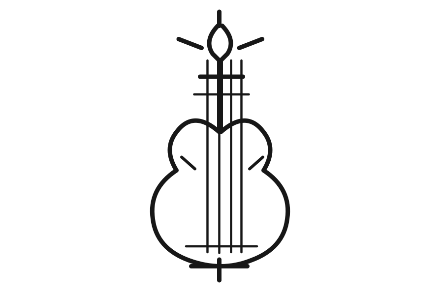 Upright bass with long neck and rounded body, drawn in black outline