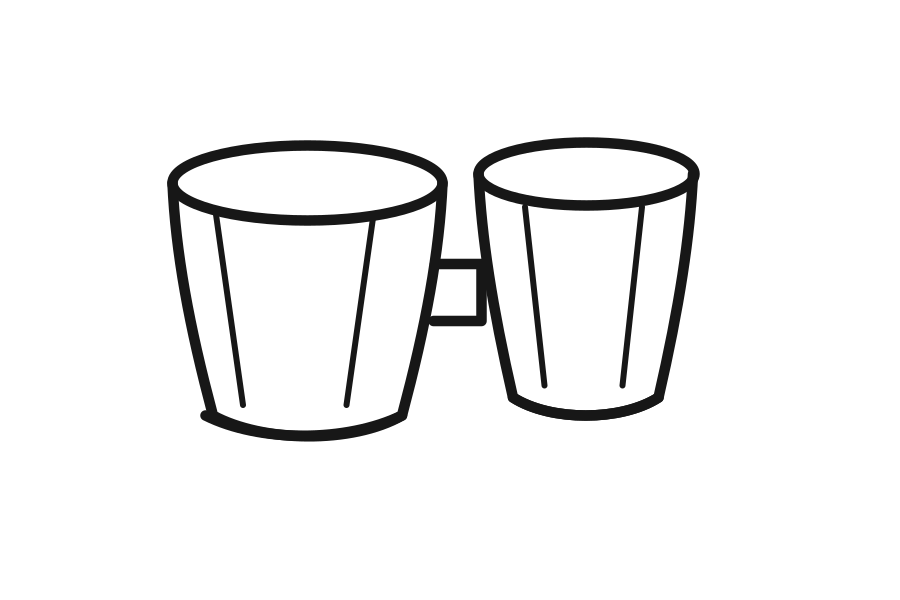 Connected pair of small bongo drums with two drumheads, drawn in black outline