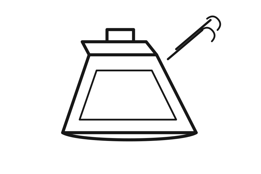 Handheld metal salsa bell with a striker, drawn in black outline
