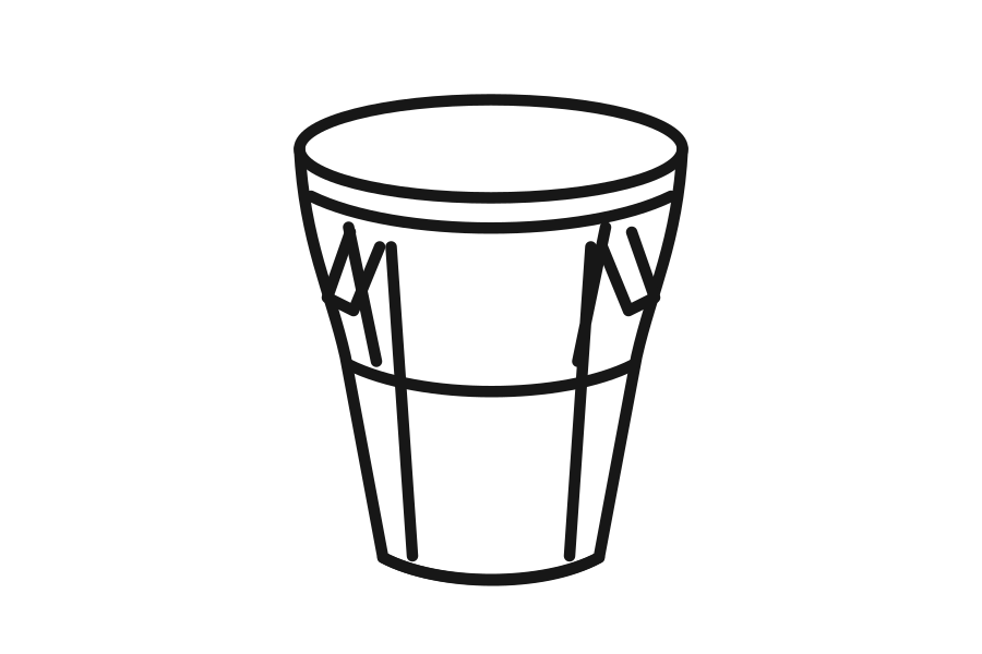 Single upright conga drum with a broad drumhead and tapered body, drawn in black outline