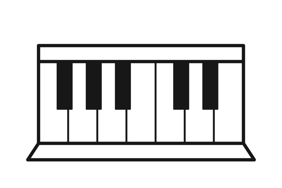 Short piano keyboard seen from above, drawn in black outline