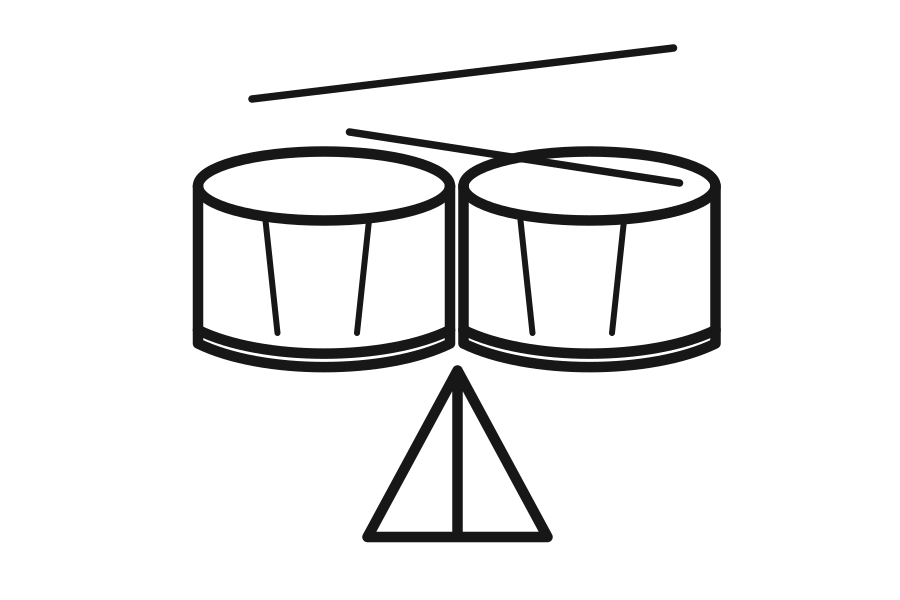 Two shallow timbale drums on a stand with drumsticks above, drawn in black outline
