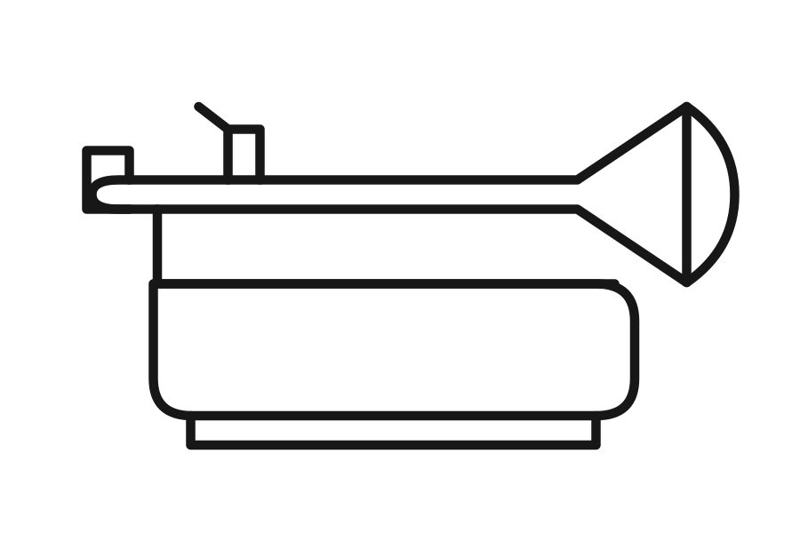 Trombone with long slide and flared bell, drawn in black outline