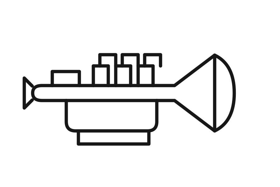 Trumpet with three valves and flared bell, drawn in black outline