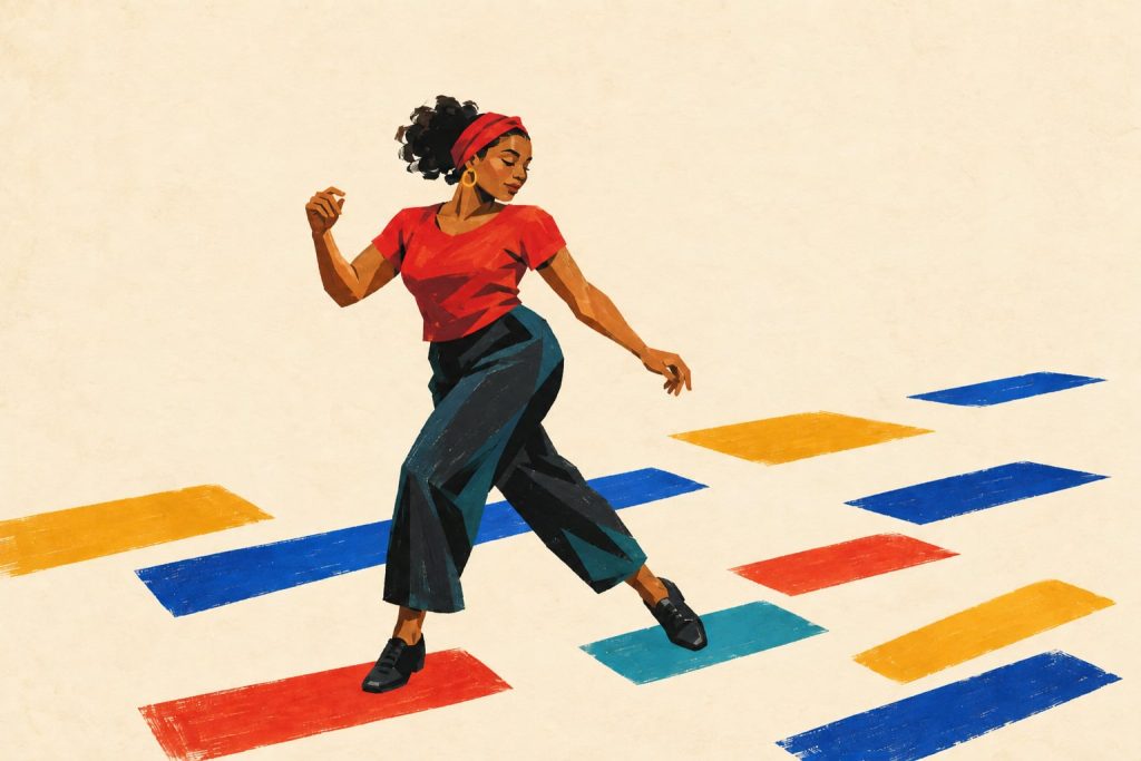 Solo salsa dancer crossing a step along staggered painted rhythm marks while keeping balance