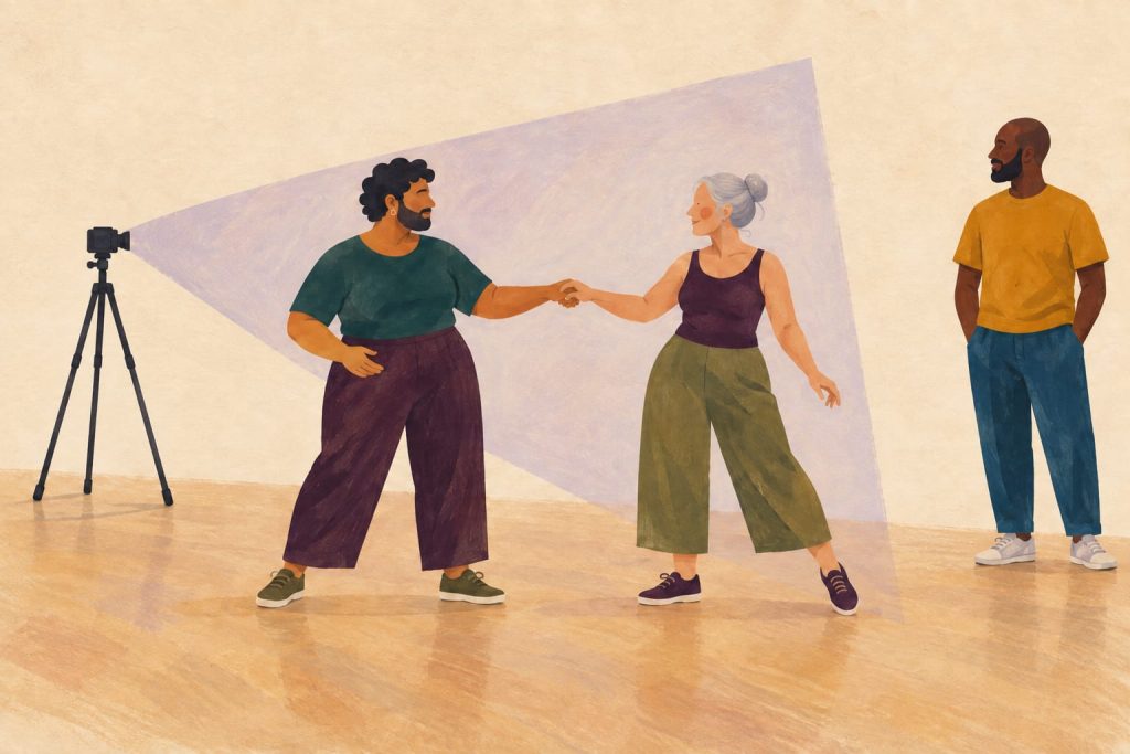 A tripod camera frames two consenting social dancers while another dancer stays outside the shot