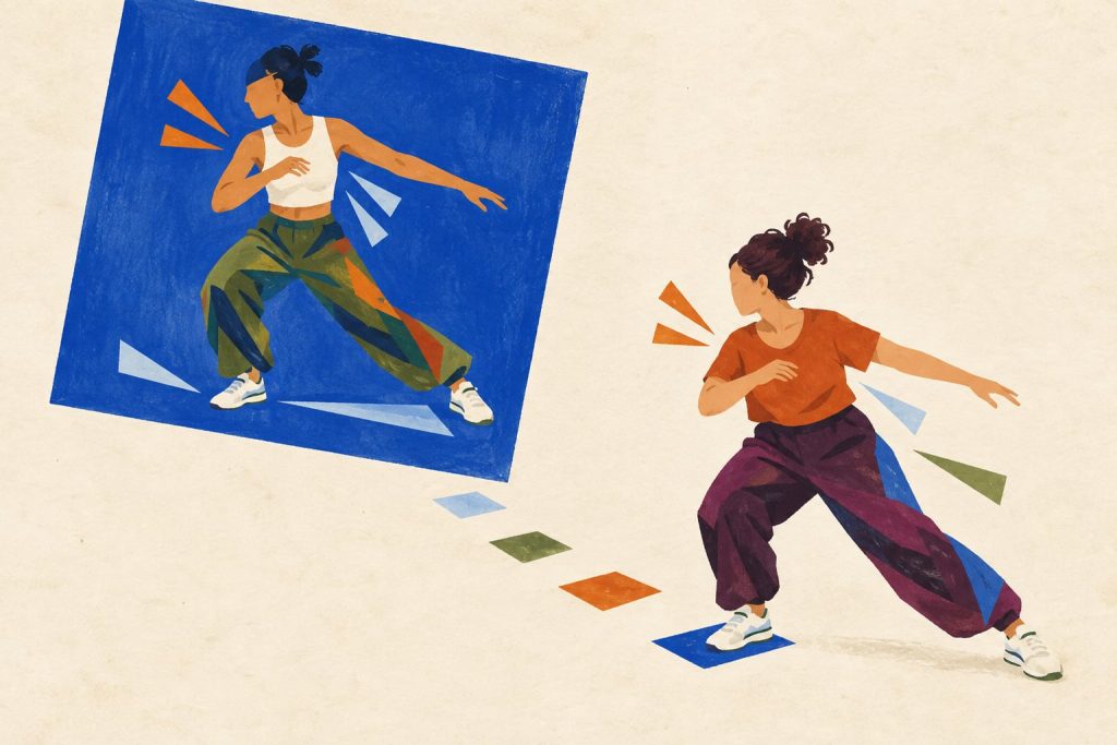 Two dancers compare a grounded step between a framed demonstration and practice