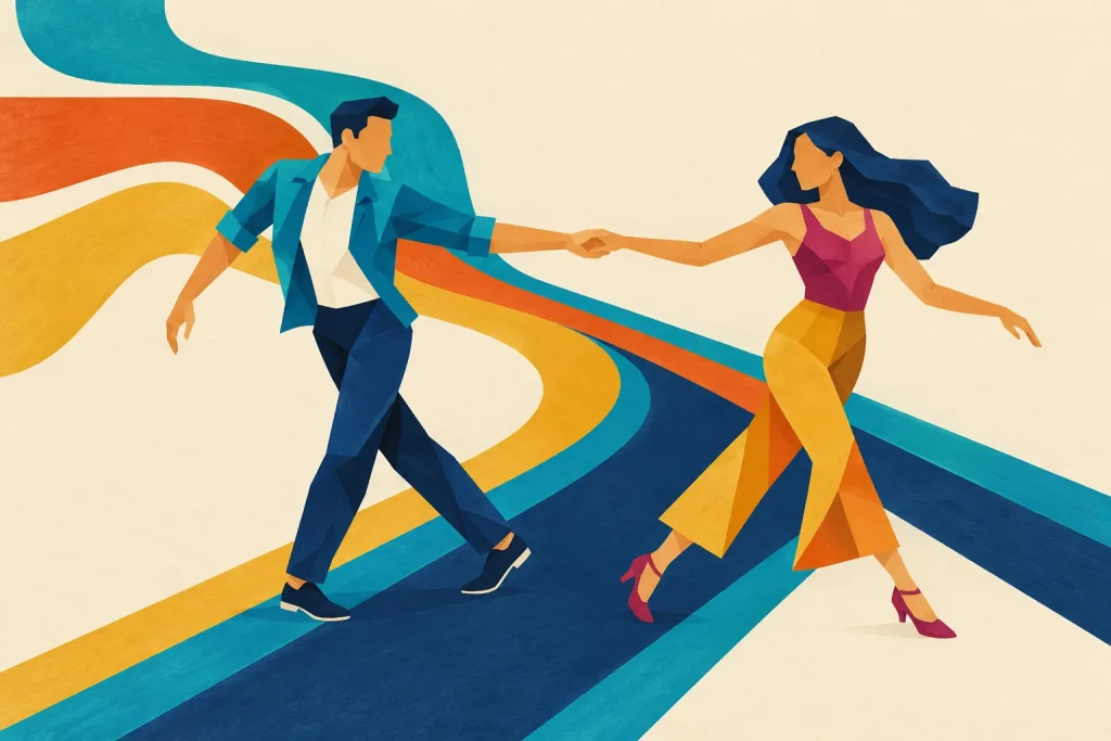 Two West Coast Swing dancers meet in a light hand connection where three painted movement paths become one slotted lane.