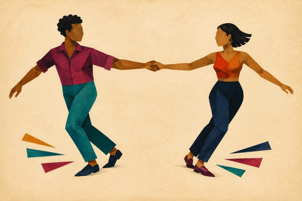 Geometric West Coast Swing partners settling away from a shared hand connection during an anchor step
