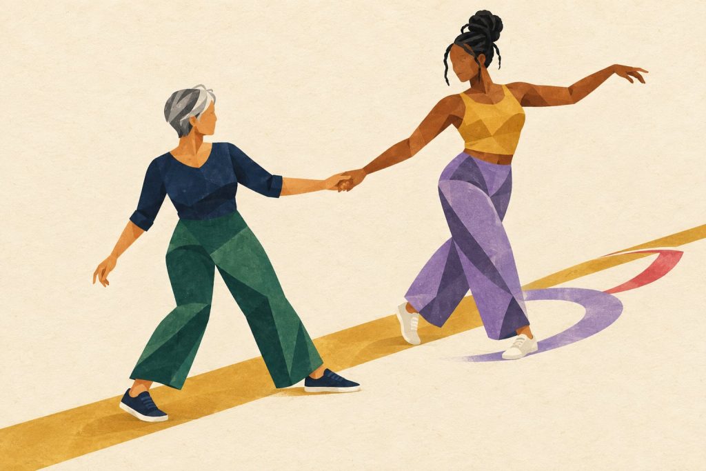 Two West Coast Swing partners sharing a low hand connection while the follower extends a rhythm