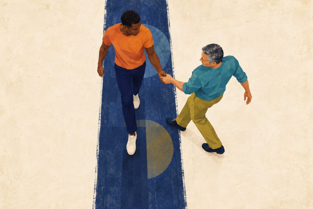 Overhead geometric view of one West Coast Swing dancer travelling along a narrow lane while their partner steps aside