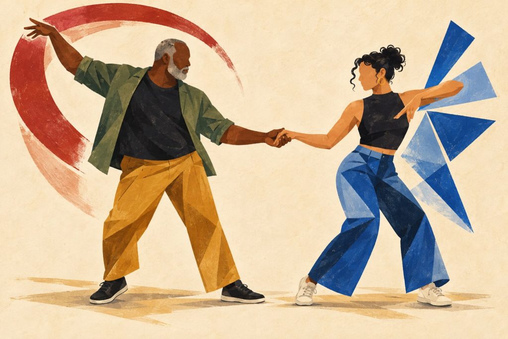 Two West Coast Swing dancers add contrasting free-arm styling while keeping a light hand connection and their own balance