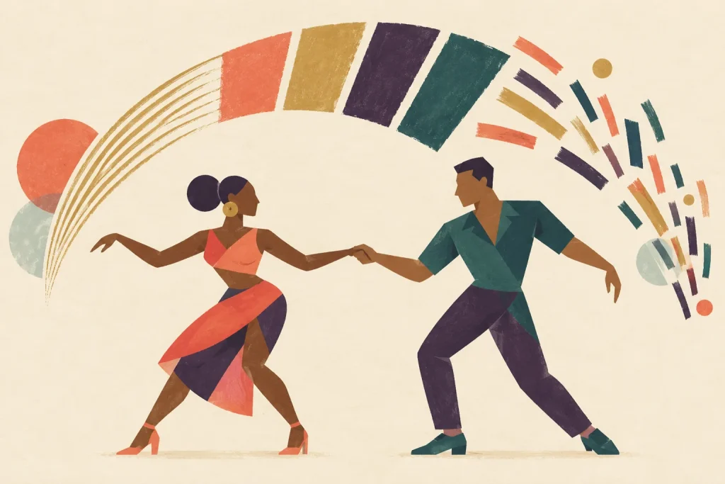 Two geometric Bachata dancers share a light hand connection beneath an arc that shifts from fine rhythm lines to bold strokes