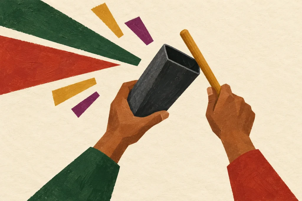 Geometric painted hands hold a charcoal salsa bell and wooden striker beside coloured pulse marks on cream paper