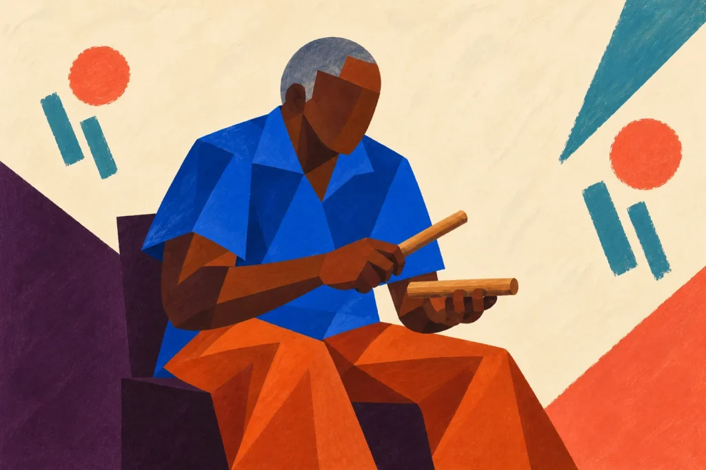Geometric painting of a seated older musician holding two wooden claves, with a cupped supporting hand and relaxed striker grip.