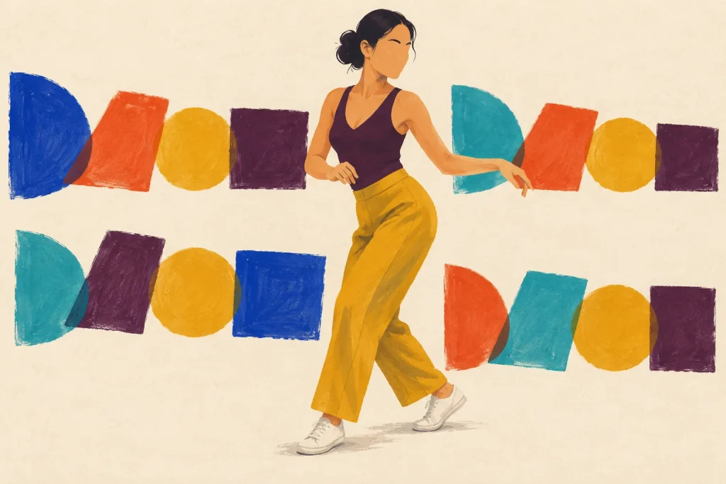 Geometric salsa dancer stepping beside two repeating rows of abstract rhythm blocks on a cream background