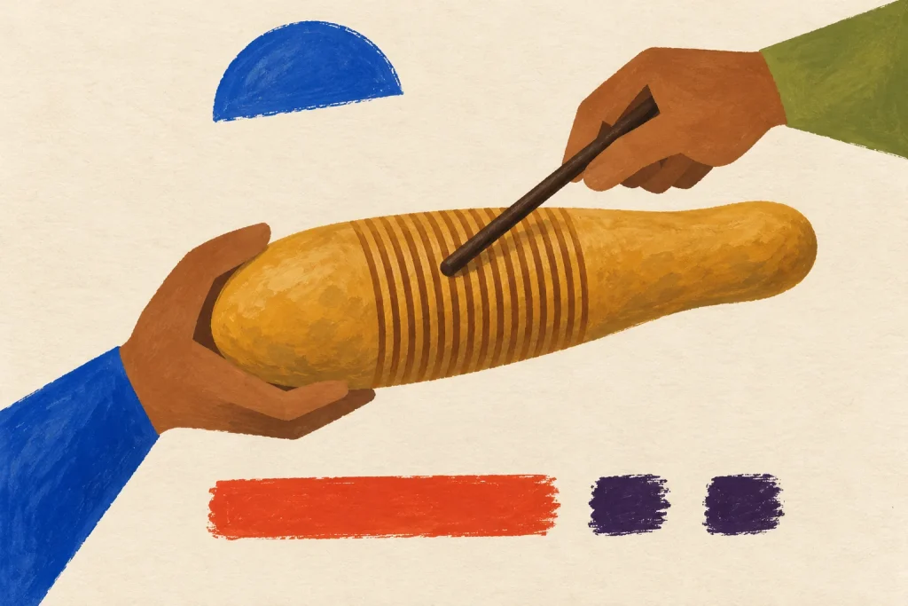 Geometric painted hands support a ridged güiro and touch its grooves with a scraper beside one long and two short rhythm marks
