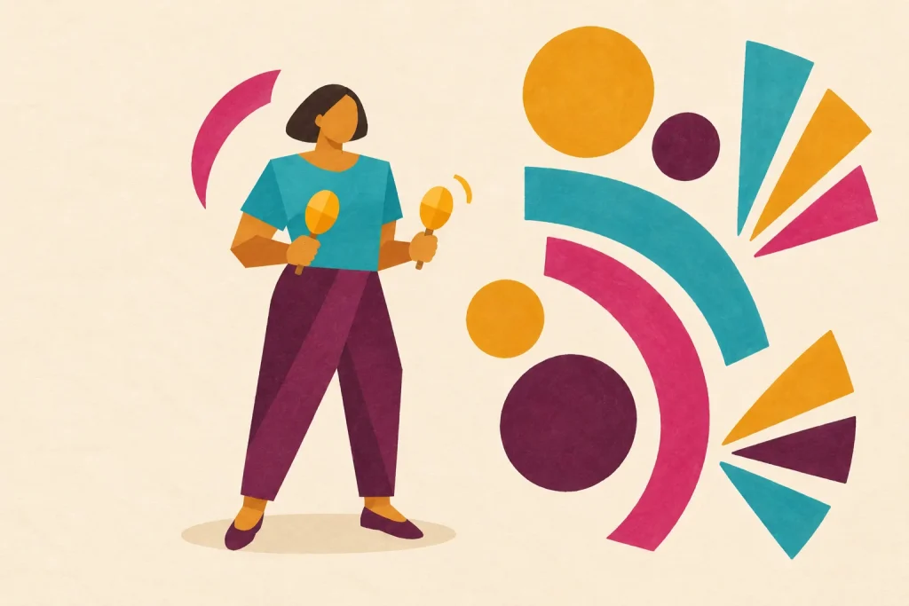 Geometric painted musician holds two maracas with relaxed elbows and grounded feet beside repeating rhythm shapes on cream paper