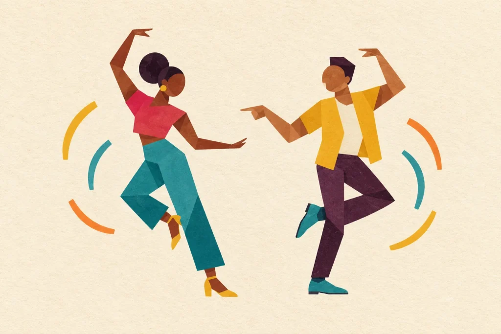 Two geometric West Coast Swing dancers answer each other's playful arm shapes across a shared rhythm on cream paper.