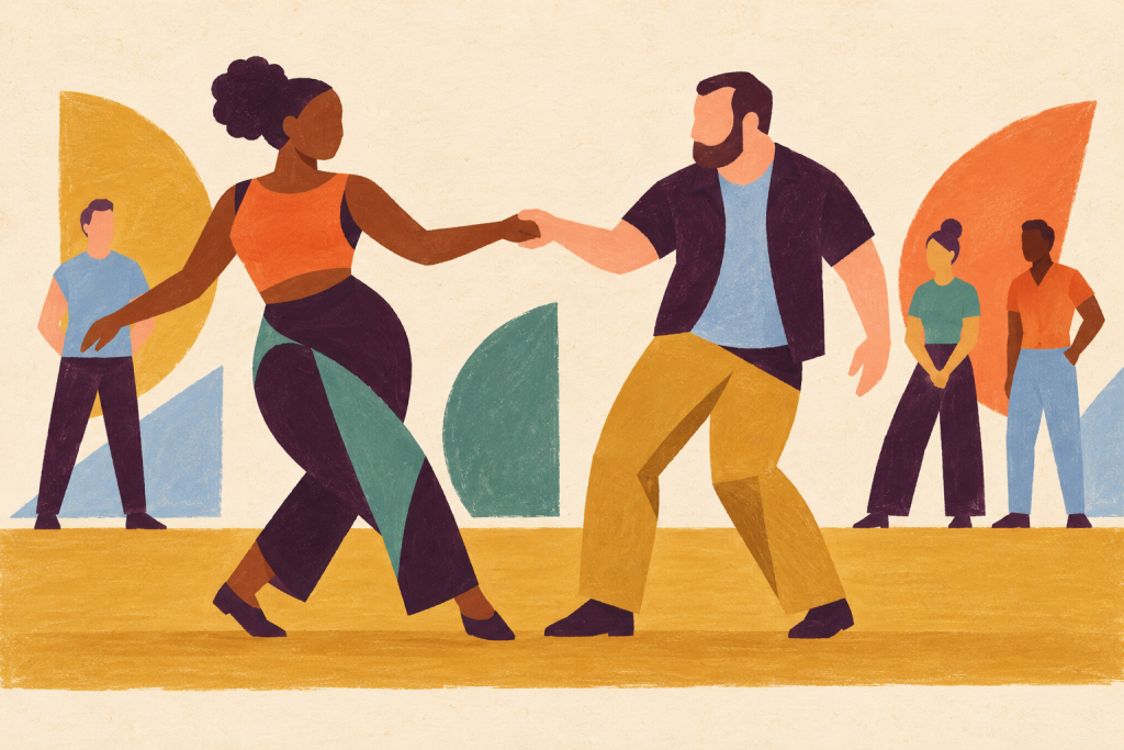 Geometric painting of a West Coast Swing pair holding one hand while other competitors wait behind them.
